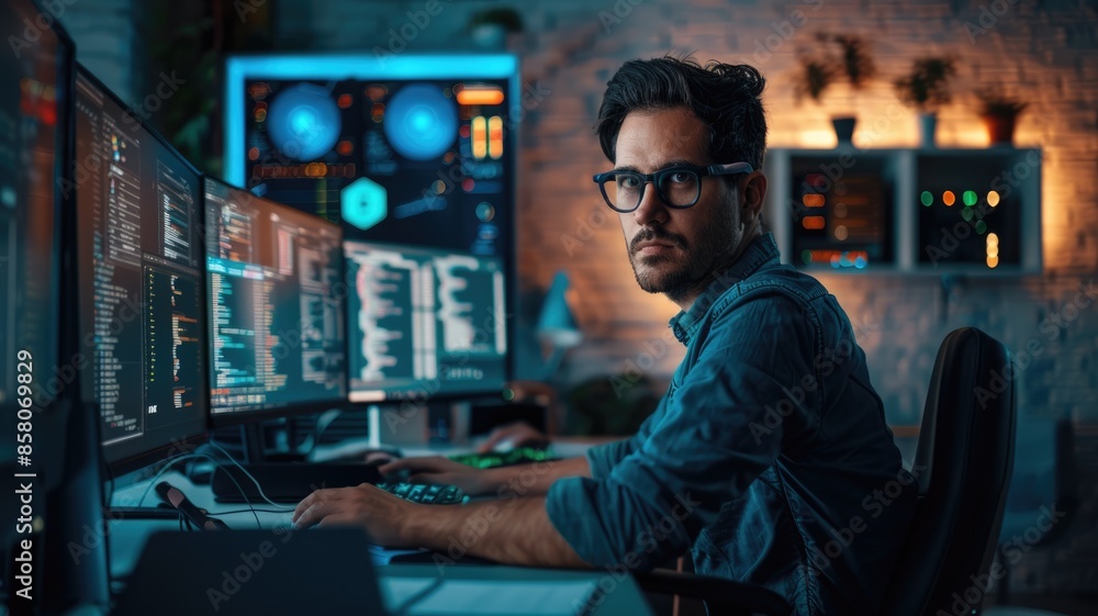 Poster being a software developer involves working on multiple monitors with a focus in a modern office env