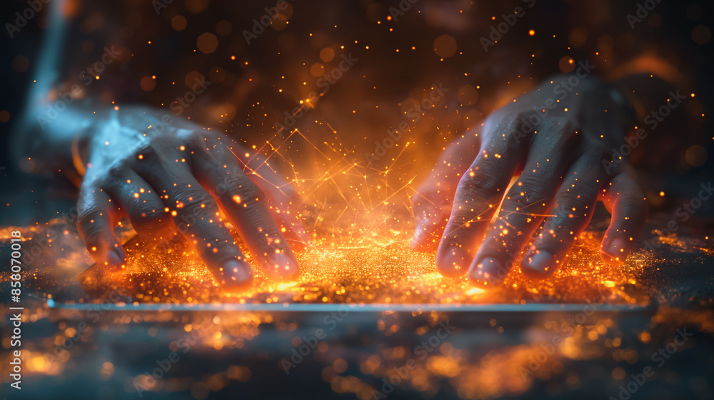 Poster a person holding a tablet with a digital line dot on the screen, linked to a neural network-like str