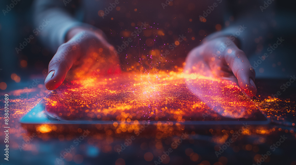 Poster a person holding a tablet with a digital line dot on the screen, linked to a neural network-like str