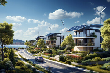 A residential neighborhood with homes equipped with solar panels and wind turbines, showcasing a decentralized approach to green energy production.