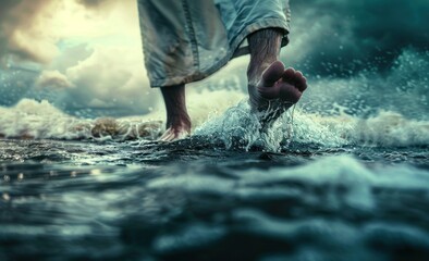 human walking on water close up of feet walking on sea or ocean