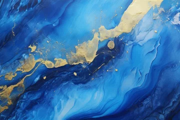 Processed collage of luxurious ocean blue and gold ink marble texture. Background for banner