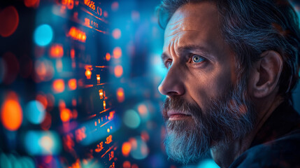 Businessman with a serious expression looks  at a digital stock market display, the bright colors and intricate graphs of the data creating a visually striking backdrop.
