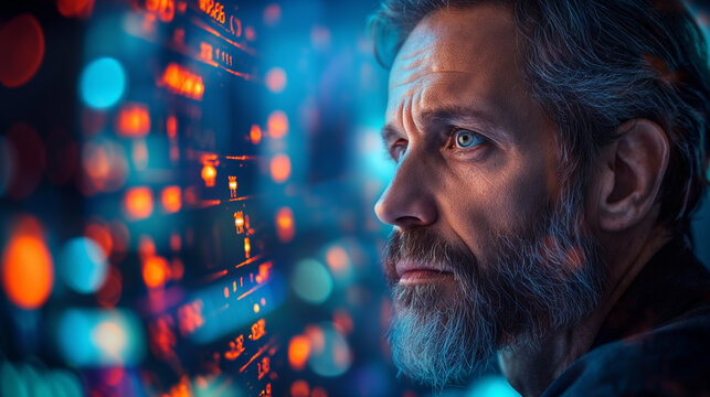 Businessman with a serious expression looks  at a digital stock market display, the bright colors and intricate graphs of the data creating a visually striking backdrop. - Powered by Adobe
