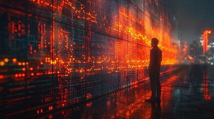 Businessman standing in front of a vibrant digital display of stock market data with a focused expression, emphasizing his engagement with the market trends