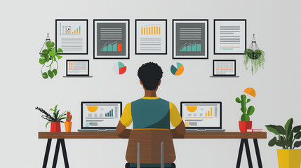 Fototapeta premium A person is seated at a desk with a laptop showing documents windows, implying their active participation in a project requiring extensive use of digital tools.