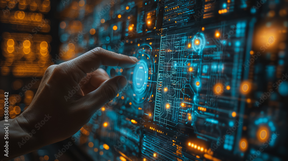 Poster close-up image, a hand is using a virtual interface, touching various elements button hologram