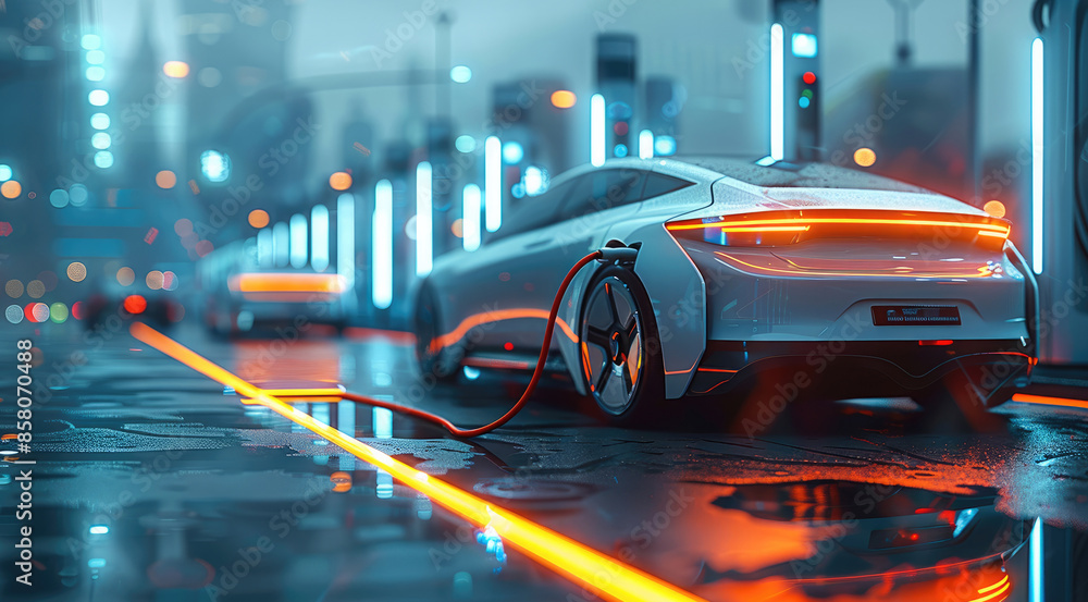 Poster A modern charging station in the foreground, The charging station have a sleek and modern design, highlighting its functionality and efficiency. EV car. Generative AI.