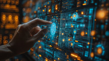 close-up image, a hand is using a virtual interface, touching various elements button hologram