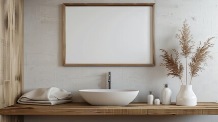 Fototapeta premium A modern bathroom with a white vessel sink, wooden vanity, and decorative pampas grass