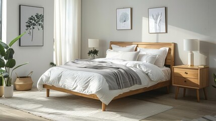 Minimalist Bedroom Setup - White bed with grey linens, light wood nightstand with a small lamp, and a simple potted plant