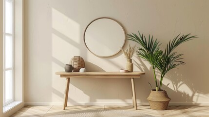 Minimalist Entryway - Simple console table in light wood with a round mirror above, small decorative items, and a potted plant