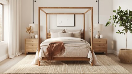 Cozy Modern Bedroom with Canopy Bed and Natural Decor in Neutral Tones