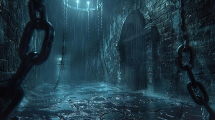 Medieval castle dungeon, prisoner restricted by iron chains, damp and dark environment