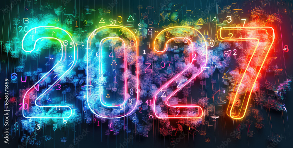 Aufkleber write 2027 on an empty solid background with bright emerald color, in a holographic rainbow style. g