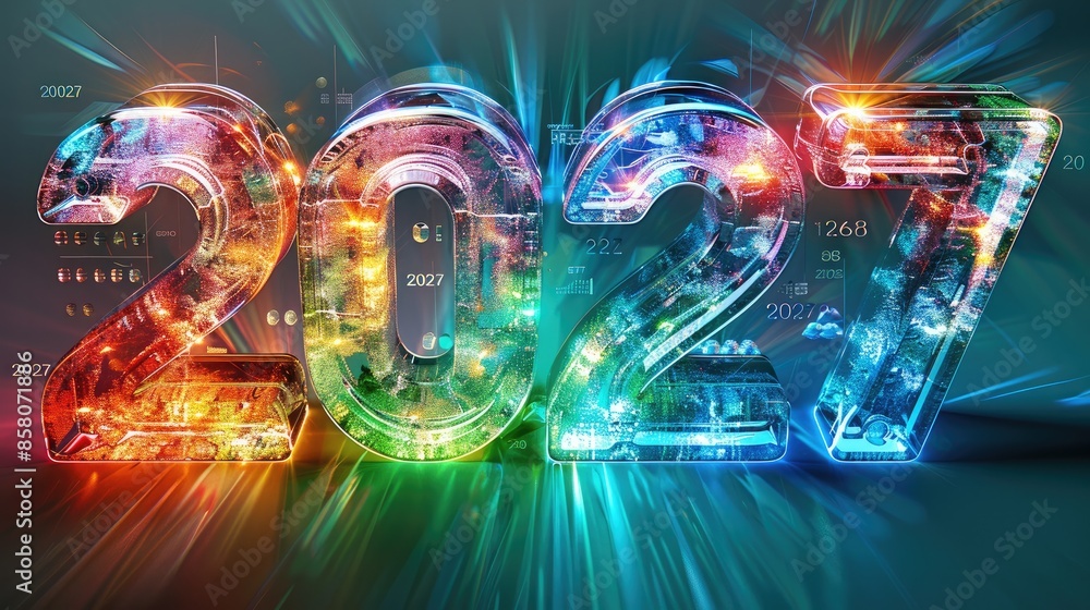 Aufkleber Write 2027 on an empty solid background with bright emerald color, in a holographic rainbow style. Generative AI.
