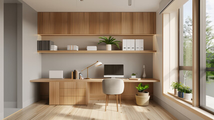 Functional home office with computer desk, bookshelves, and task lighting