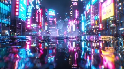 Fototapeta premium A neon cityscape with a reflection of the city in a puddle. Scene is vibrant and energetic