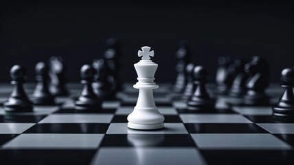 Chessboard with White King in Focus Surrounded by Black Pieces in Strategic Game Setup