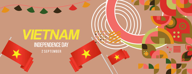 Vietnam Independence Day banner in modern geometric style. Wide banner for celebration day with flags and typography. National holiday celebration backgrounds. Happy Vietnam Independence Day