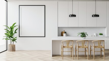 Modern Minimalist Kitchen with White Cabinets, Wooden Chairs, and Indoor Plants in Bright Natural Light