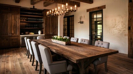 Fototapeta premium Rustic Dining Room with Wooden Table and Modern Lighting in Cozy Home Interior