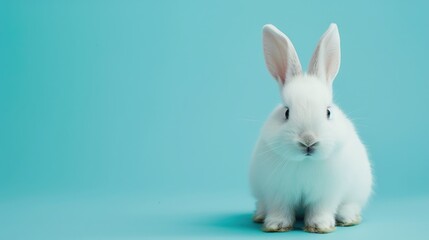 Obraz premium Adorable white baby rabbit against blue backdrop