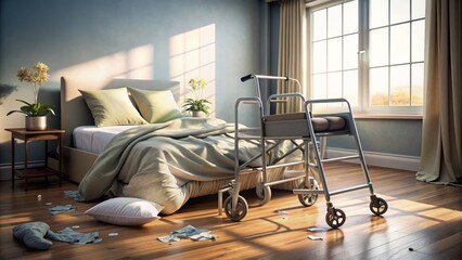 Empty room with disheveled bedding, scattered pillows, and an overturned walker, hinting at a recent accident, with a vacant wheelchair in the corner.