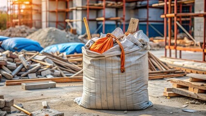 Abandoned heavy bag filled with building materials lies on the floor of a construction site, hinting at a work-related injury or accident.