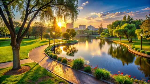 Serene urban landscape of a tranquil city park at dawn, featuring lush greenery, walking paths, and a scenic lake, bathed in warm golden morning light.