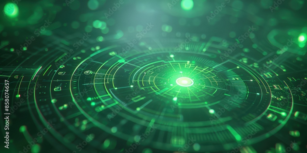 Poster abstract futuristic digital interface with glowing green lines and circles