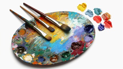 Obraz premium Close-up of a Palette with Vibrant Paints and Brushes