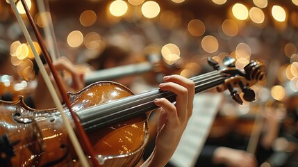 A close-up shot of a violinist's hand playing the violin on stage, surrounded by warm golden lights and an orchestra in the background, representing the passion and artistry of live performance.