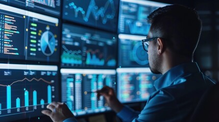 A man is working on a computer with multiple monitors displaying various graphs