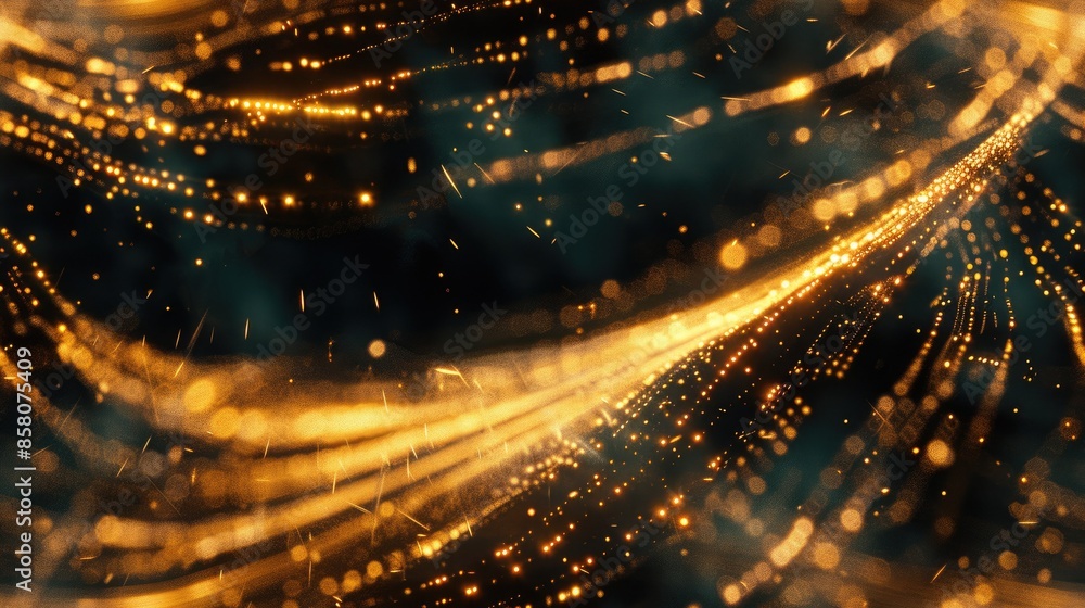 Poster the image is a glowing golden particle background. it is suitable for use as a background for a webs