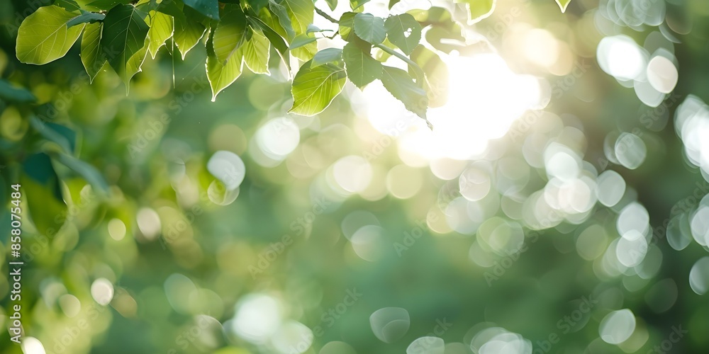 Poster creating a dreamy ethereal atmosphere sunlight filtering through trees with bokeh effect. concept dr