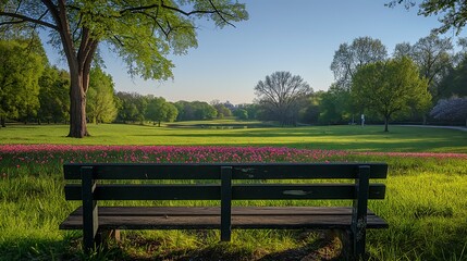 a lush, green landscape with trees in full bloom, flowers blossoming, and a clear blue sky, symbolizing the renewal of spring.