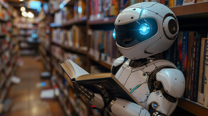 Fototapeta premium Robot reading in the library