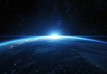 Stunning Earth View with Sunrise, Blue Lighting, Stars, and Global Warming Concept