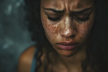 A woman with a pained expression, tears rolling down.


