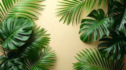 Lush green tropical palm leaves spread out forming an overlay pattern against a light, pastel-colored background, creating a fresh and vibrant atmosphere.