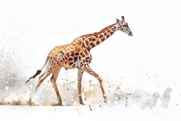 Majestic giraffe running across a dry savanna, with a watercolor effect adding an artistic touch
