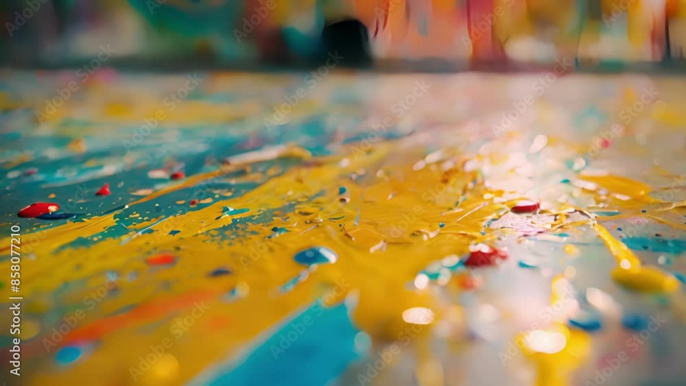 Poster unfocused abstract patterns of paint splatter on the floor.