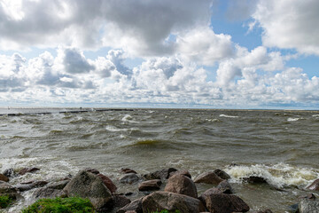seascape, sea during a storm, splashing waves and fast moving clouds, Cape Vente near the Curonian Spit in Lithuania
