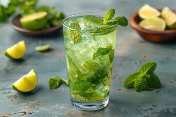 Fototapeta premium A refreshing mint mojito cocktail in a highball glass, with muddled mint leaves, lime juice, white rum, and soda water