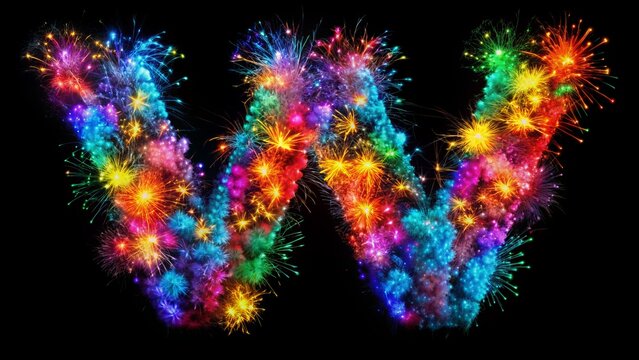 Vibrant colorful alphabet explosion burst featuring letters v w x y z isolated against a black background, celebrating creative concept in a festive arrangement.