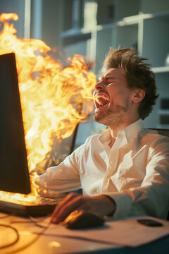 A man is sitting at a computer with a monitor that is on fire