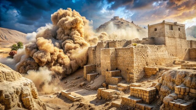 Ancient stone fortifications of jericho crumbling, massive stones tumbling down, walls shattered, dust rising, depicting the devastating biblical catastrophe of jericho's downfall.