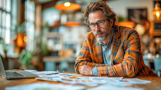 A man sits at a table in a coffee shop, studying spreadsheets with a thoughtful expression. A laptop and other papers are spread out before him