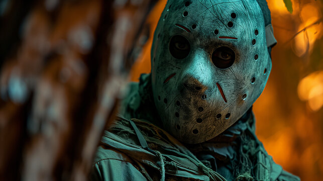 Masked horror movie actor posing on set for a scene